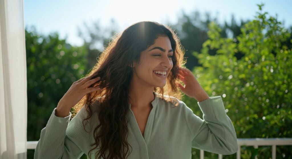 A person with long wavy hair standing outside in natural light, gently touching their hair, with greenery in the background.